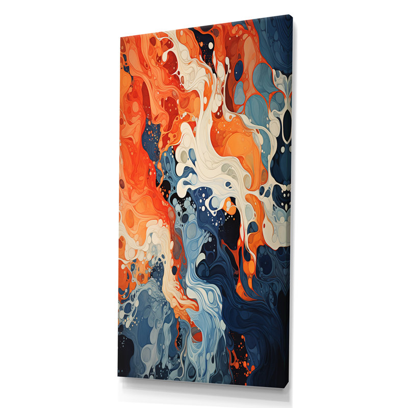 Encre liquide bleue et orange II - art mural abstrait, Toile tendue, H 60 po x l 28 po x P 1,5 po