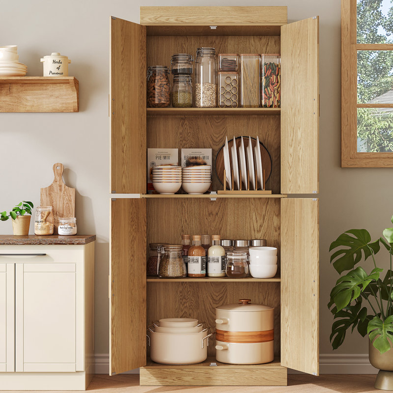 70.1” Kitchen Pantry, Storage Cabinet With 4 Fluted Doors And Adjustable Shelves, Natural