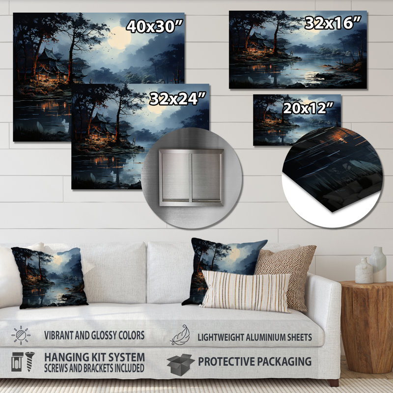 «China Art Moonlit Lake», reproduction d'art en métal chinois, H 30 po x l 40 po x P 1 po