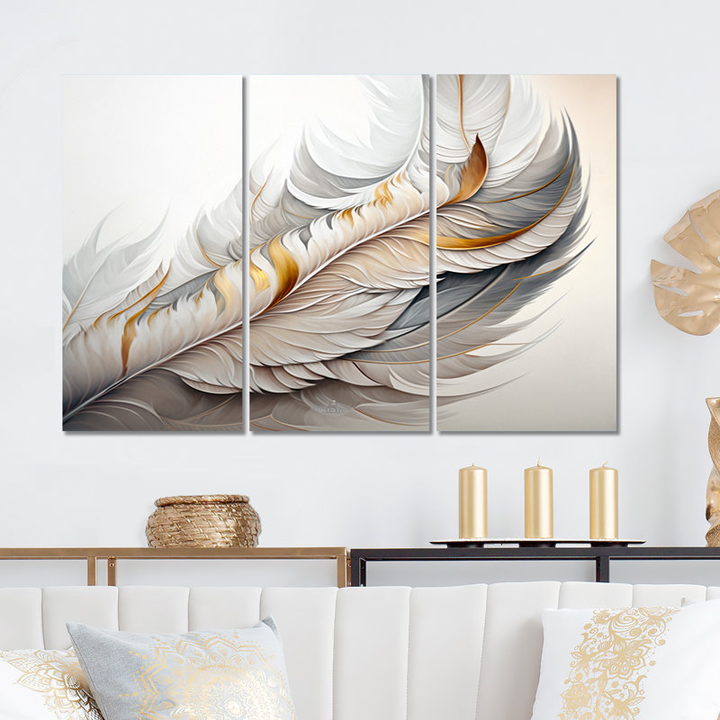 «White Watercolor Feather», impression sur toile tendue 3 pièces, H 28 po x l 36 po x P 1 po