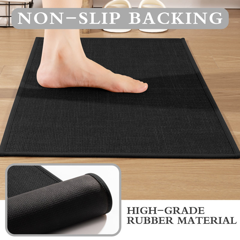 2 Piece Linen-Look Bath Rug Set with Non-Slip Backing, Black