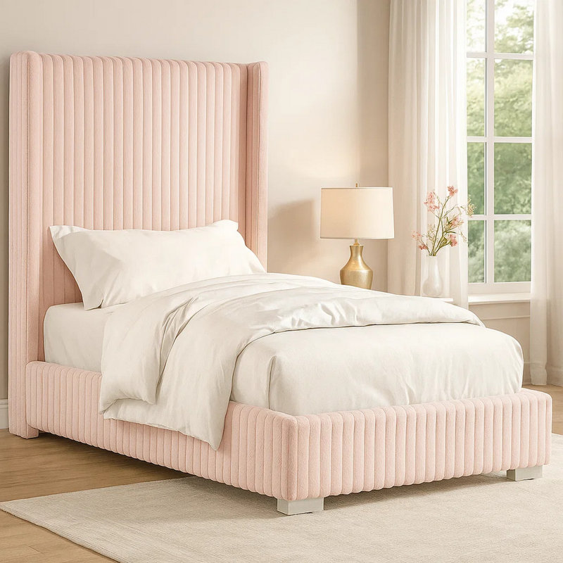 Lit double Wolo, revêtement en chenille capitonnée rose, Complète, Rose
