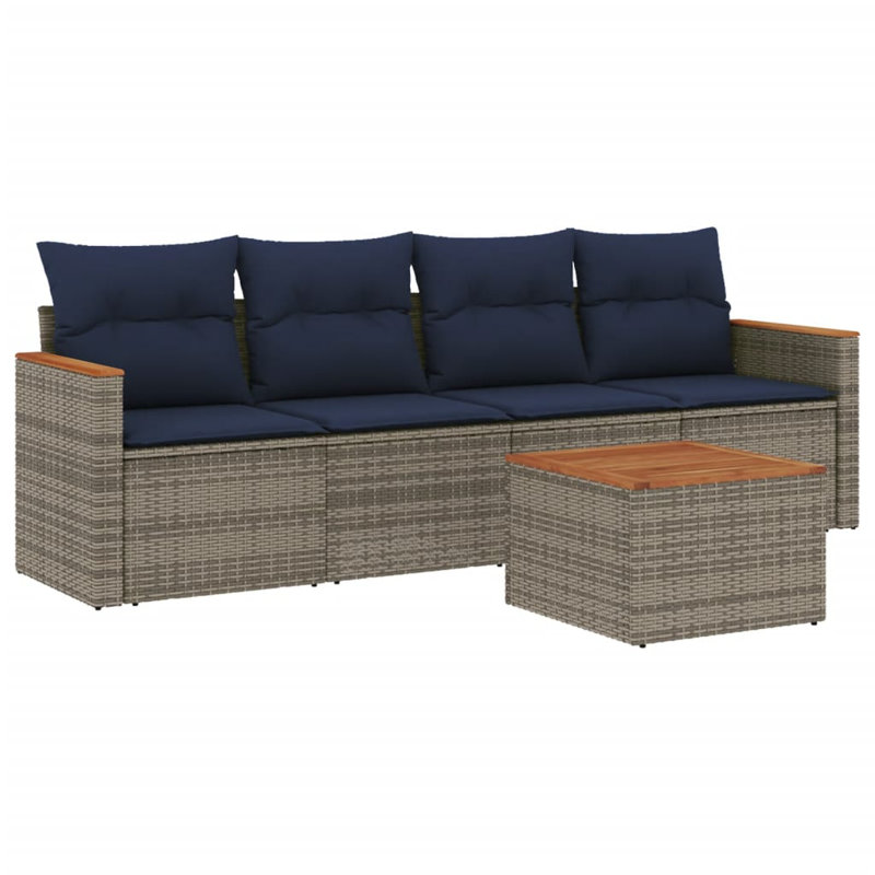 Ensemble de canapé de patio 5 pièces avec coussins en rotin de polyester, Gris, Marine