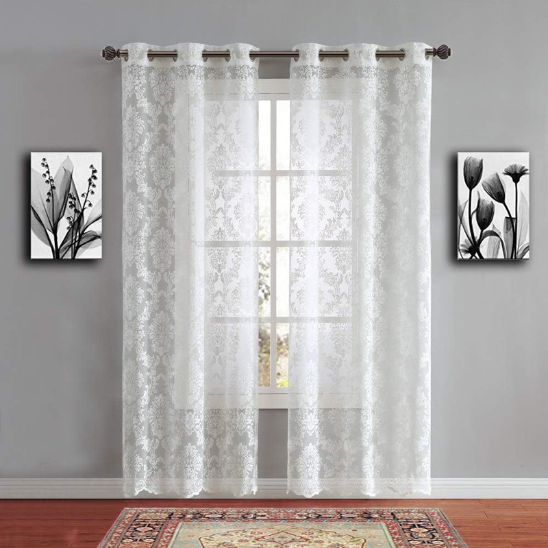 Pair Of Color Knitted Lace Curtains With 6 Grommets Per Panel, Ivory, 38" W x 63" L 