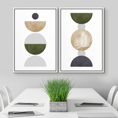 " Geometric Green Tan Circle Jungle Leaf Display Abstract Shapes Modern Bohemian Relax Calm " 2 - Pieces