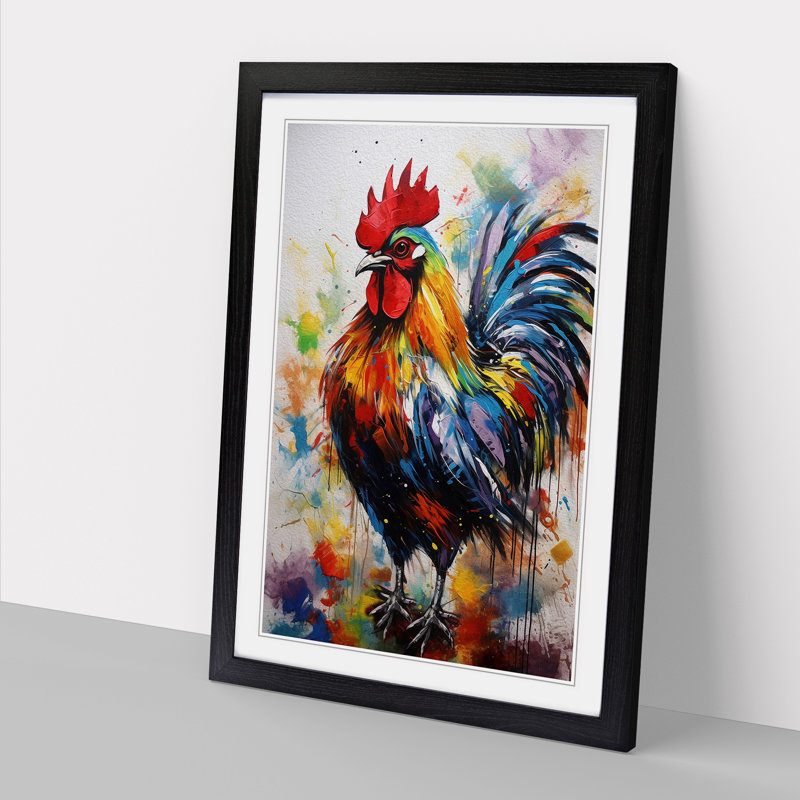 Rooster Gestural No.2 - Single Picture Frame Print on Wood, 34cm H x 25cm W x 2cm D, Black