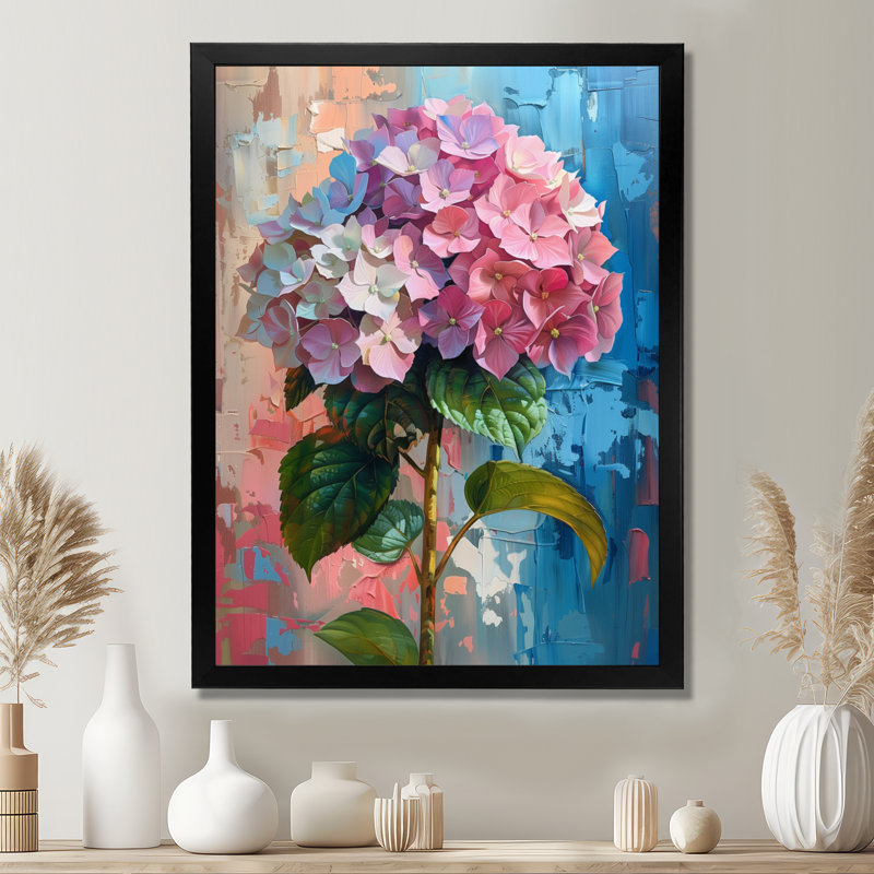 Hortensia rose et bleu qui fleurit en été III - Hortensia Wall Art Living Room, Encadrement argenté, H 34 po x l 44 po