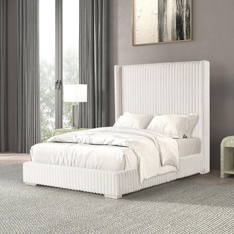 Bertogne Tall Wingback Headboard Upholstered Bed, Queen, White