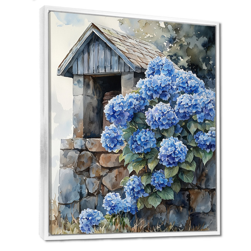 «Hydrangeas By The Farm Well I - Hydrangea», reproduction sur toile encadrée, Reproduction avec cadre flottant, Blanc
