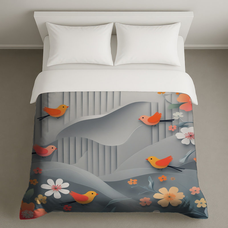 Housses de couette en papier découpé avec oiseaux et fleurs, Très grand lit