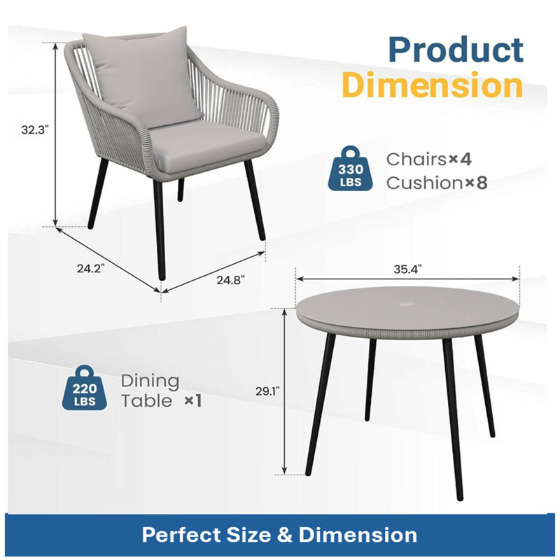 5-Piece All Weather Twisted Rattan Wicker Patio Dining Table Set  With Umbrella Hole And Light Gray Cushions