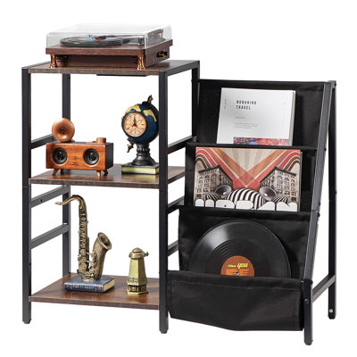 3 Tiers Record Player with LED Light & USB Ports Vinyl Shelf Black
