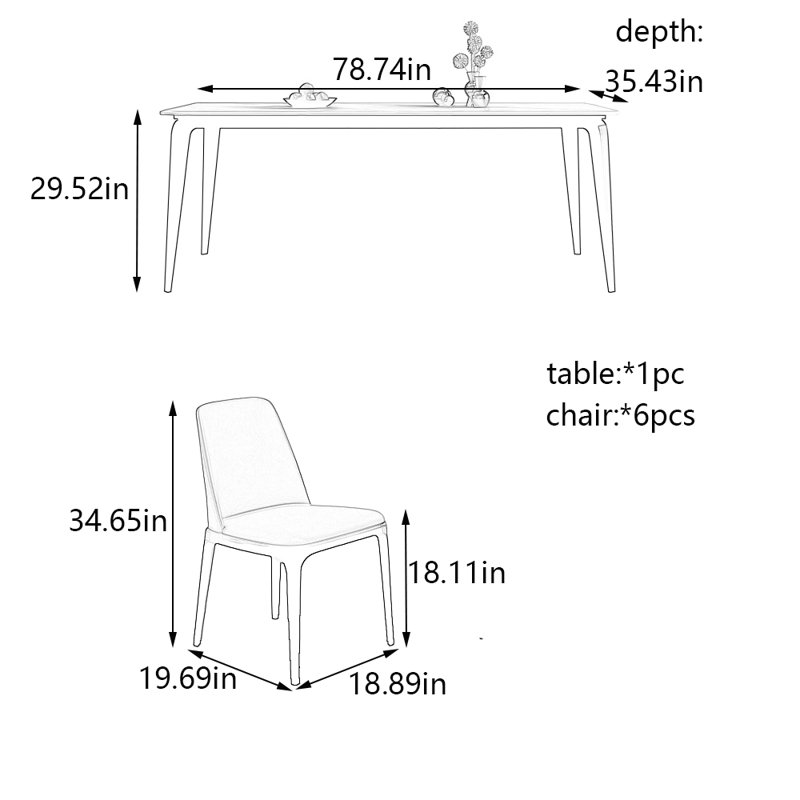 Superior rock plate dining table and chair set, 29.52"H x 78.74"L x 35.43"W