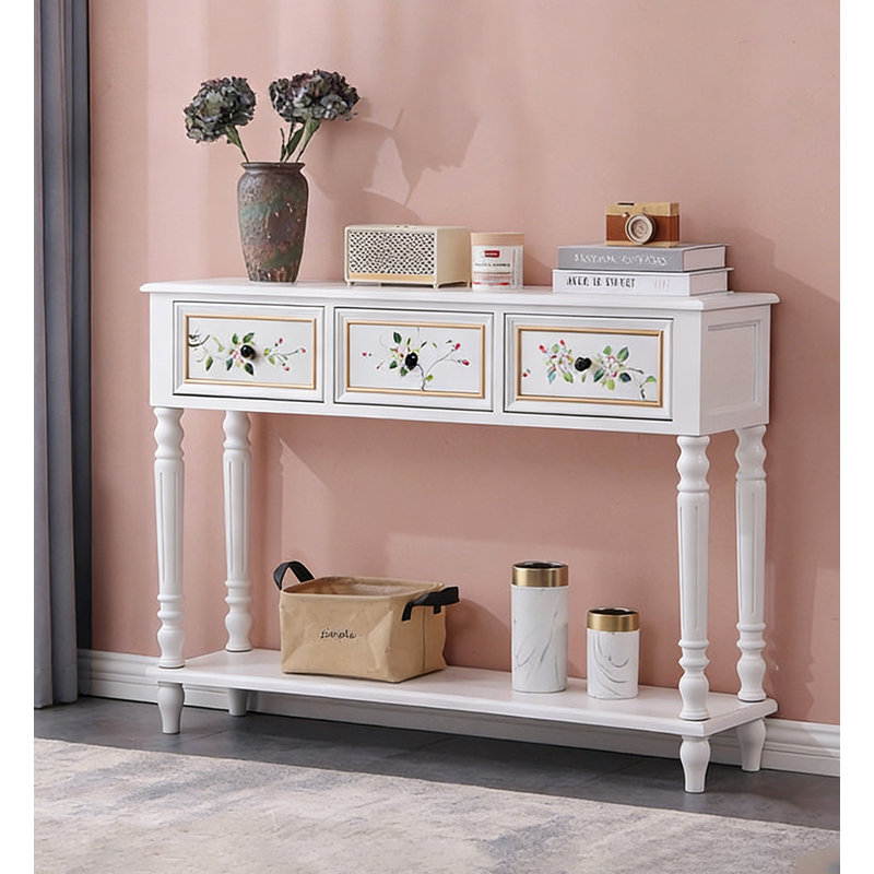 Table console en bois massif Shabby Chic, H 33,5 po x l 45,7 po x P 11,8 po, Blanc, Blanc, Blanc