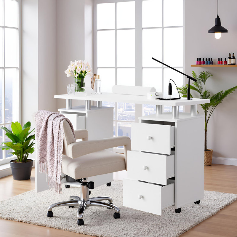 47 Inch Nail Desk for Nail Tech - Manicure Table with Drawers/Wrist Pad/Lockable Wheels, Acetone Resistant Nail Art Station for Salon/Spa/Beauty Bar Technician, White