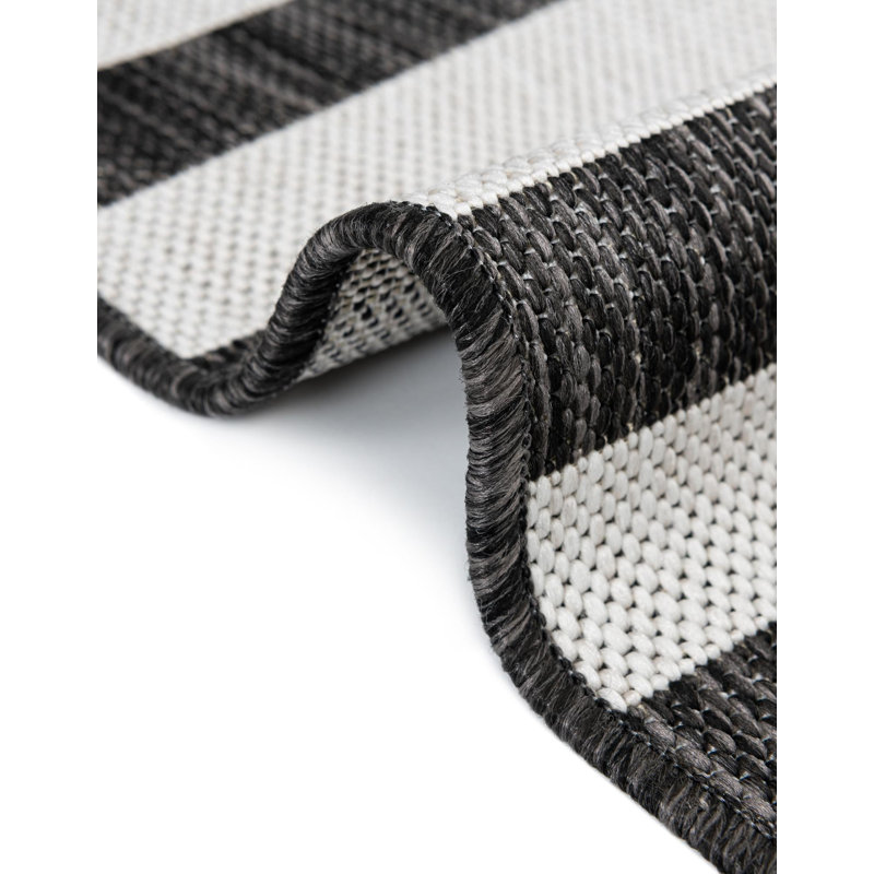 Tapis intérieur / extérieur rayé gris anthracite / ivoire Finkelstein, Foyer 3 pi 1 po x 6 pi 1 po