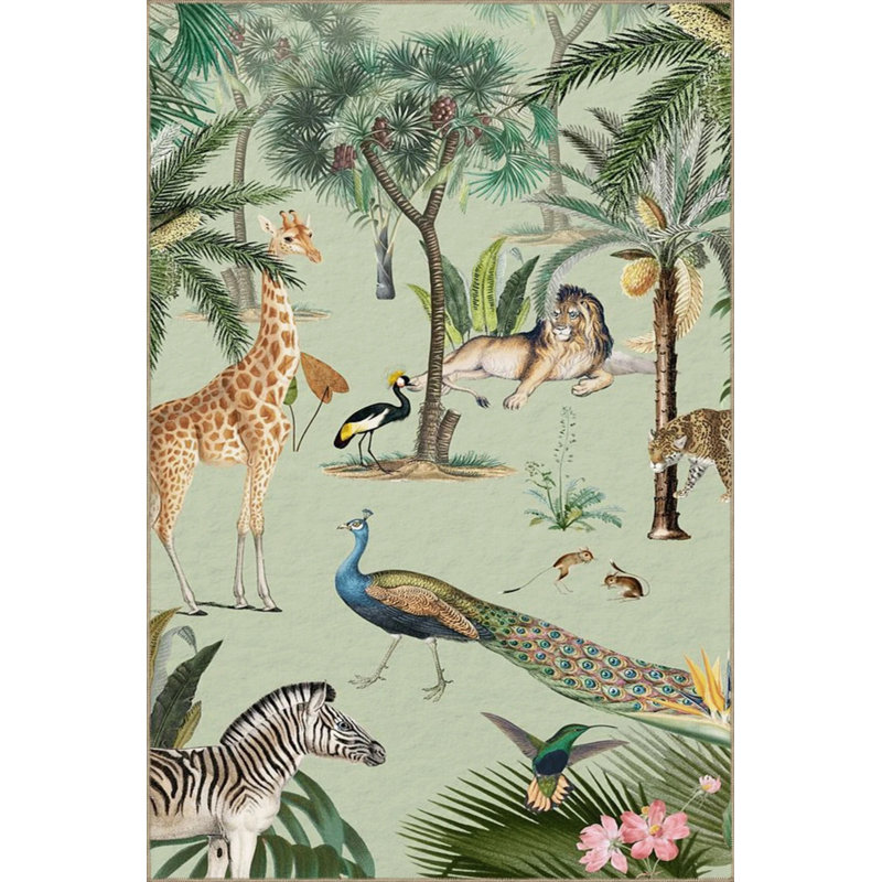 Green Themed Multicolored Giraffe And Lion Patterned Modern Decorative Carpet, Rectangle 2'4" x 4'