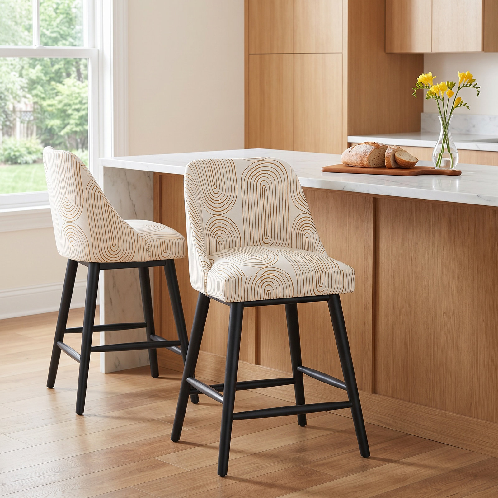 Gallie Bar Stool, Counter Stool (27” Seat Height), Black Wood, Oblong Mustard
