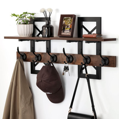 Porte-manteau mural de 86 cm avec tablette, organisateur mural d'entrée robuste avec 6 crochets doubles et porte-clés, brun
