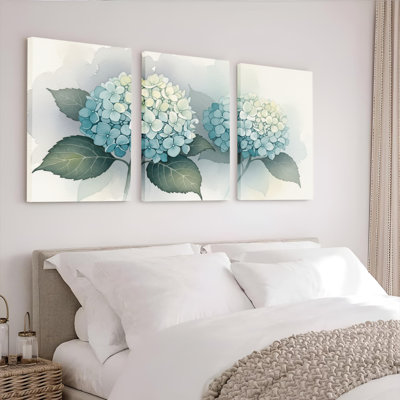 Hydrangées, impression sur toile, ensemble de 3 panneaux, impression botanique moderne pour le salon ou la chambre à coucher