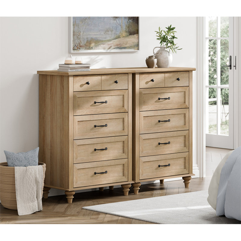 Ciccarelli 53.6" W 10-Drawer Solid and Manufactured Wood Double Dresser, Light Oak