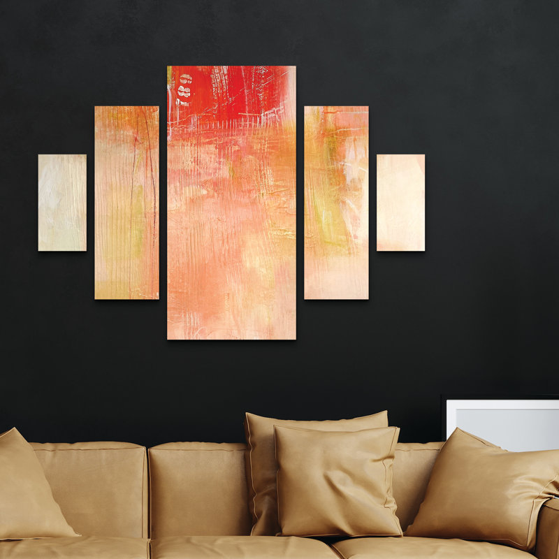Ensemble de 5 panneaux muraux - Mila Apperlo «Orange 789», art mural sur toile pour le salon, la chambre à coucher ou le bureau 