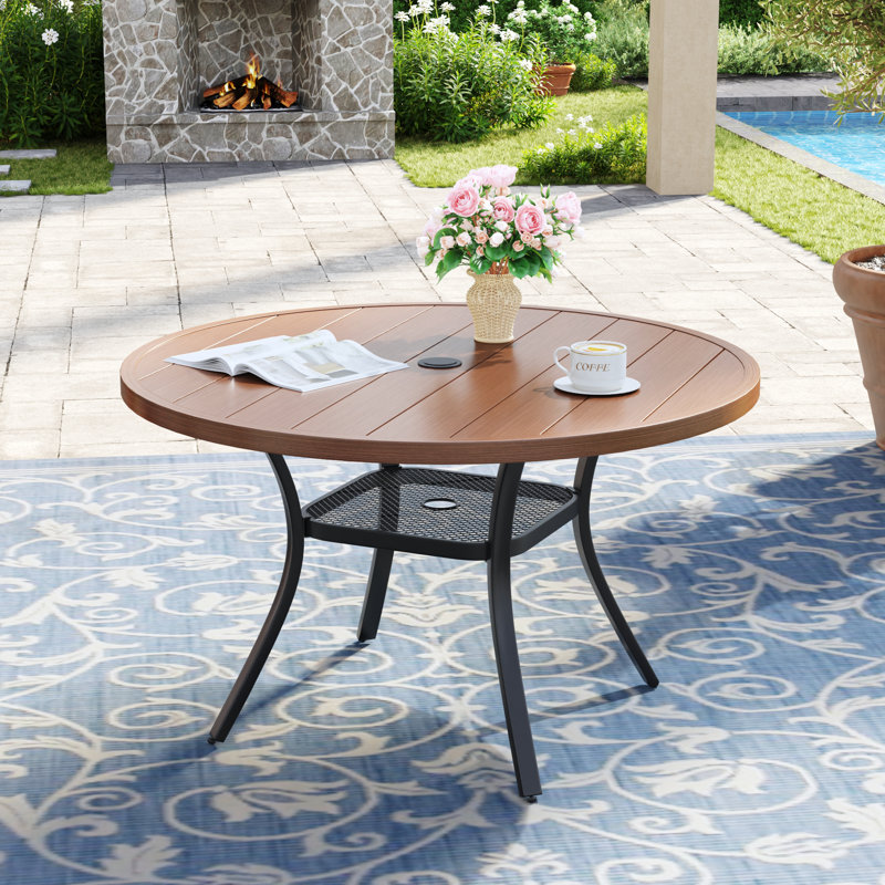 41" Round Patio Table With Storage Shelf, Brush Wood Brown
