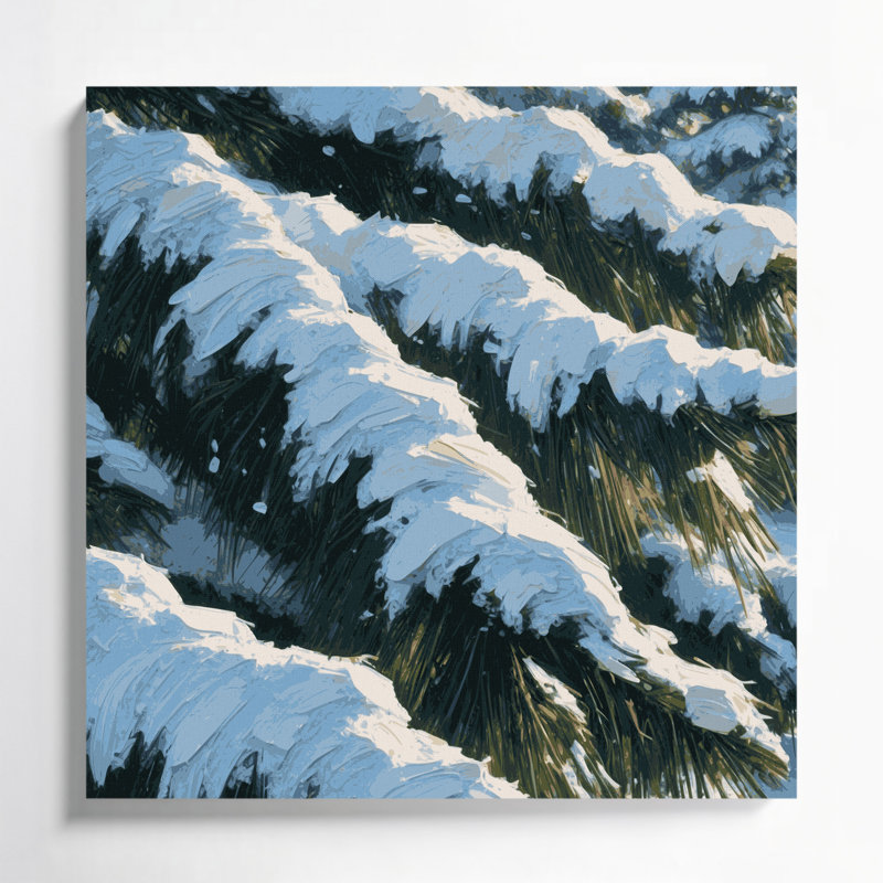Toile bleue de Noël, neige fraîche sur des branches de pin, H 8 po x l 8 po