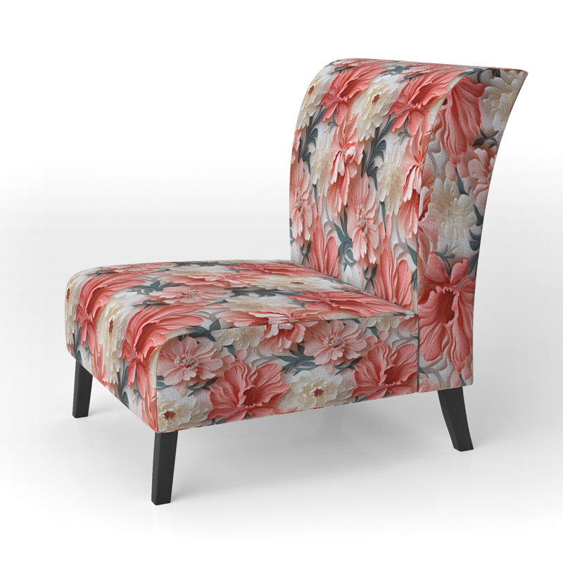 Upholstered Tropical Accent Slipper Chair C, Subdued Coral Tropical Pattern I