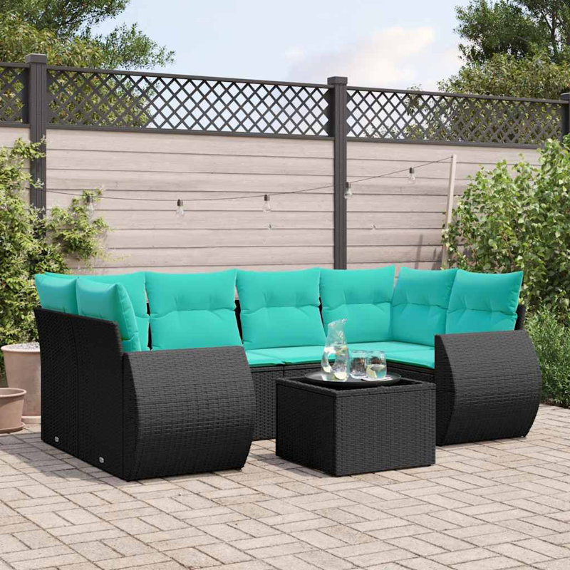 Ensemble de canapé de patio 7 pièces avec coussins en rotin de polyester, Bleu clair, Noir