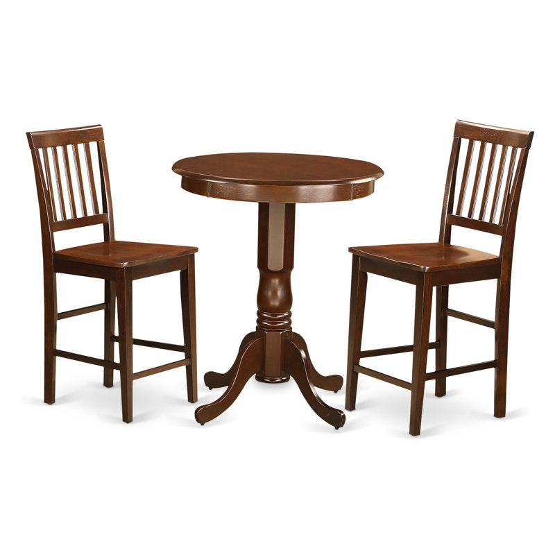 3 Piece Kitchen Counter Height Dining Table Set Contains a Round Wooden Table with Pedestal and 2 Dining Chairs, Mahogany