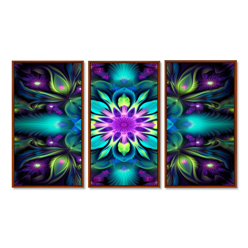 Turquoise néon fractal fleurs II - ensemble de décoration murale mandala boho, H 28 po x l 36 po x P 1 po