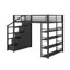 Lit mezzanine double en métal avec tablettes de rangement, armoires et garde-robe