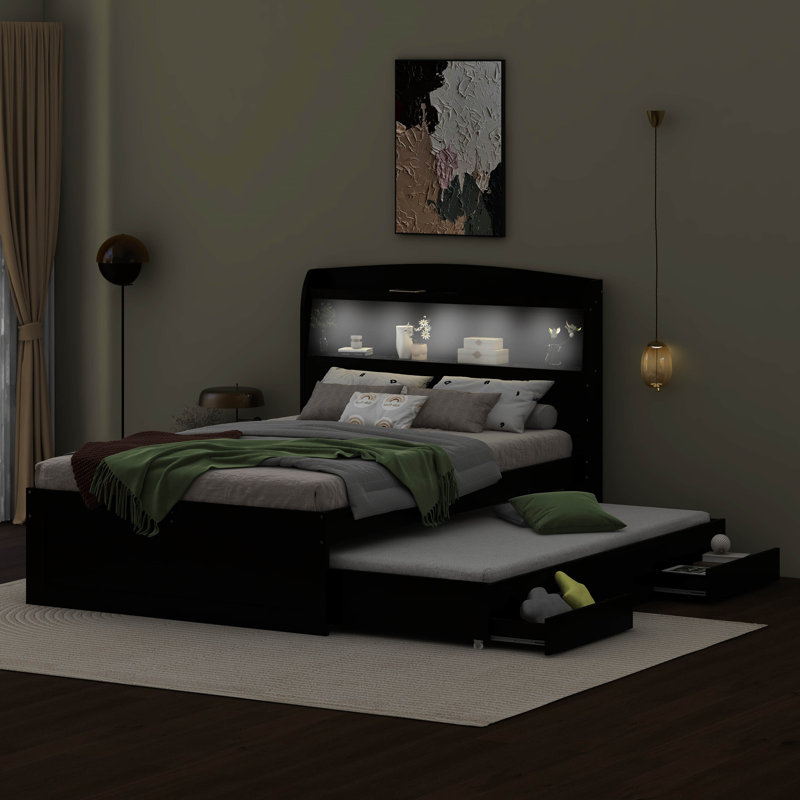 Full XL Size Platform Bed With Storage LED Headboard, Charging Station, Twin Size Trundle And 2 Drawers, Full XL, Dark Brown