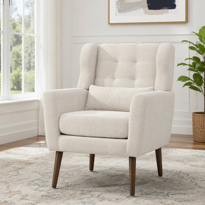 Chaise d'appoint en chenille beige moderne avec pieds en bois, Chenille beige