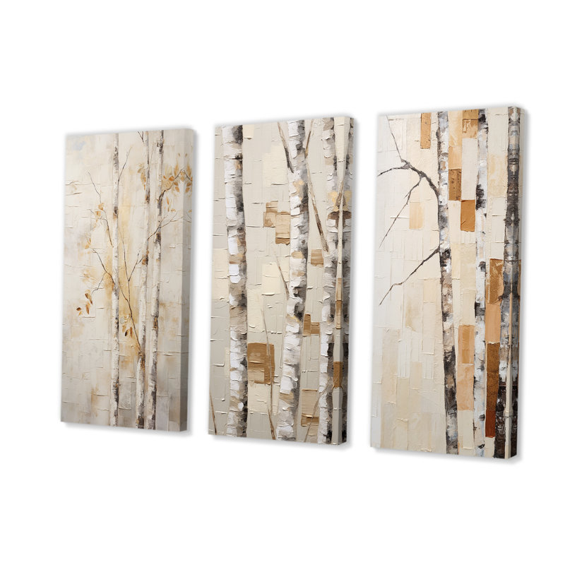 Beige minimalisme arbre bouleau - arbre bouleau, ensemble de 3 reproductions d'art sur toile, H 28 po x l 36 po, Toile tendue