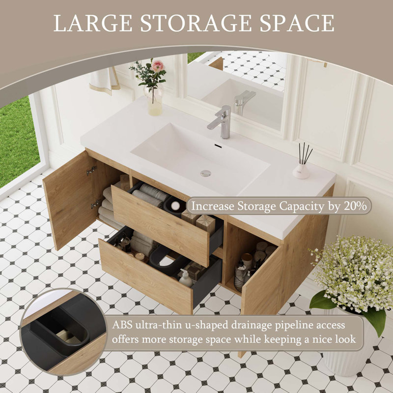 Meuble-lavabo flottant avec lavabo double, Chêne, 48"