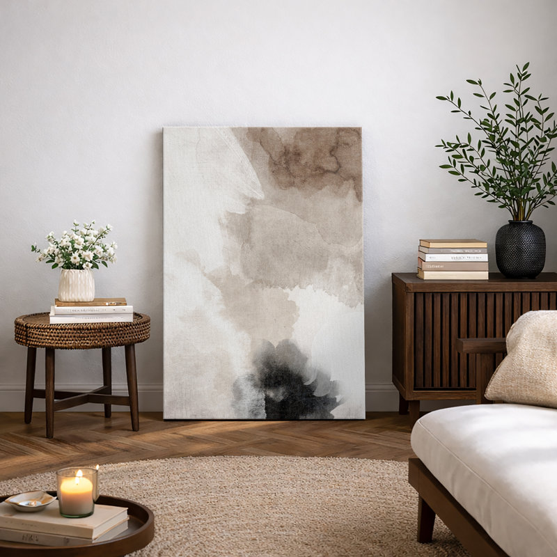 Grunge Abstract Paint Stroke Effect "Faded Tan And Grey Neutral Artwork, Minimalist Modern Contemporary Living Room Wall Pictures, Canvas Giclee Print Wall Art"