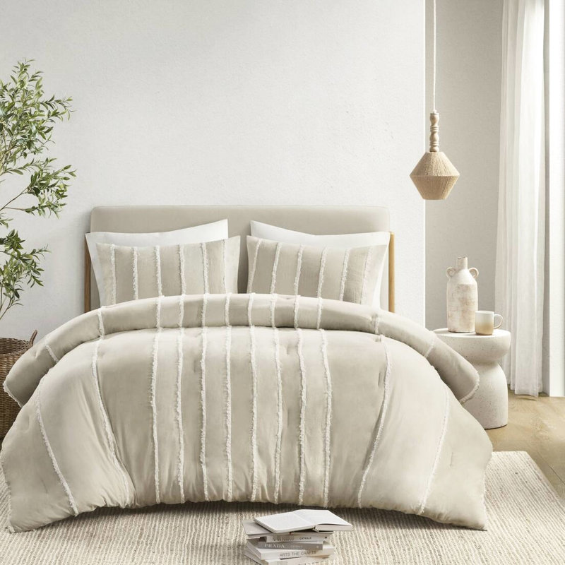Édredon 3 pièces en coton taupe double / grand - aspect rayé, rembourrage 100%, détails décoratifs, visible, fascination,