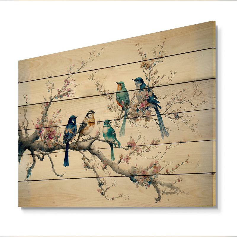 Multicolore oiseaux sur prunier en fleurs I - impression sur bois sans cadre, H 12 po x l 20 po x P 1 po