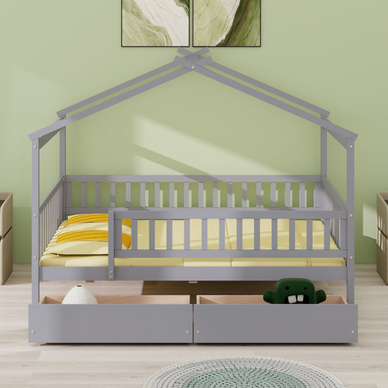 Lit en bois avec deux tiroirs, gris