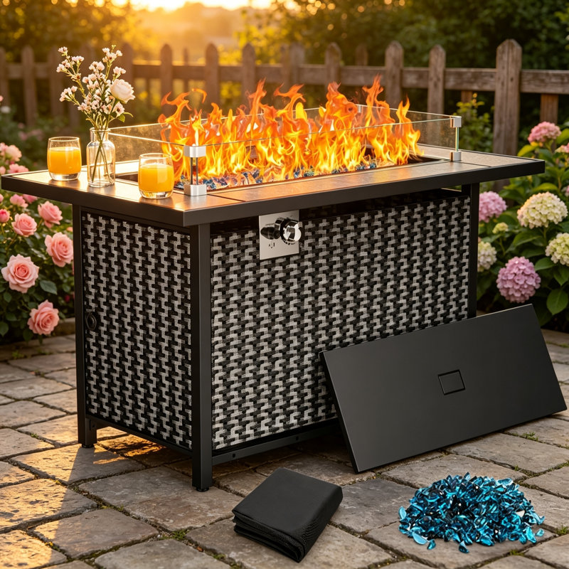 Foyer extérieur rectangulaire au propane de 43 po, 60 000 BTU, avec dessus en céramique, pierres de verre, couvercle antipluie et support en acier inoxydable avec couvercle, homologué CSA.