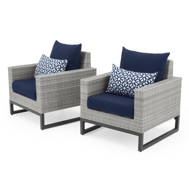 Sameko 2Pc Sunbrella Outdoor Club Chairs, Gray, Navy Blue