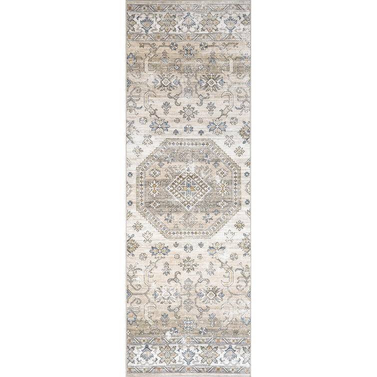 Darby Medallion Spill Proof Machine Washable Area Rug for Living Room Bedroom Dining Room, Beige/Ivory