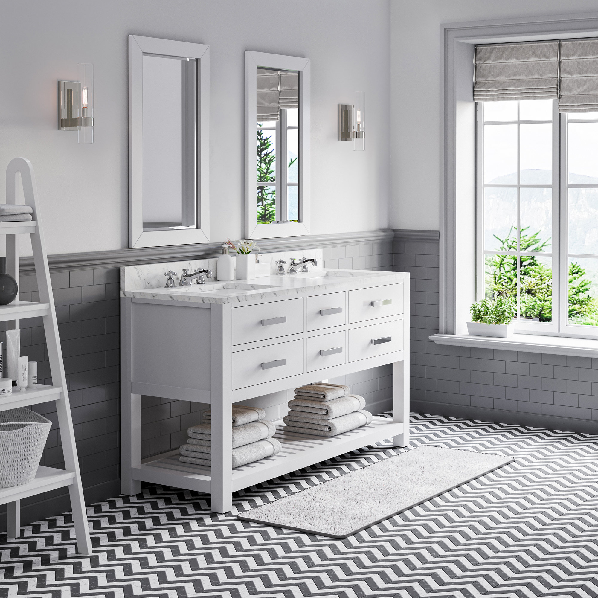 Parmer 60" Carrara White Marble Countertop Bath Vanity with Mirror, Pure White, 34" H x 60" W x 21.5"D