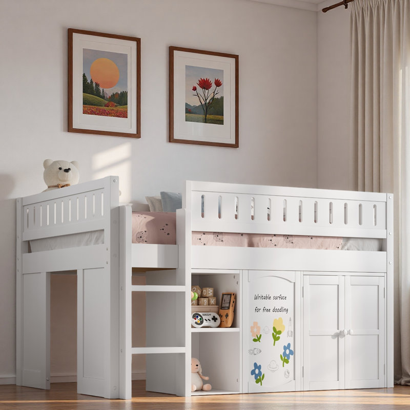 Loft Bed With Double-door Cabinet, Open Shelves And Chalkboard Panel, White