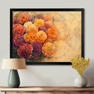 Fleurs d'automne de chrysanthèmes sur un plateau en bois I - art mural de chrysanthèmes pour le salon