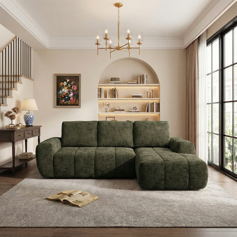 Boneless 100" Chenille Compression Sofa with Chaise, L-Shaped Furniture for Living Room, Brown