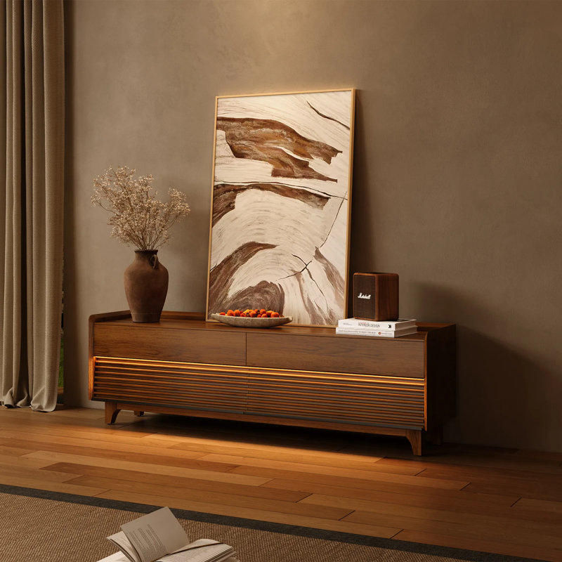 Meuble télé Mid-Century moderne avec lumière DEL, entièrement assemblé, Brun, H 22,44 po x L 70,87 po x l 15,75 po