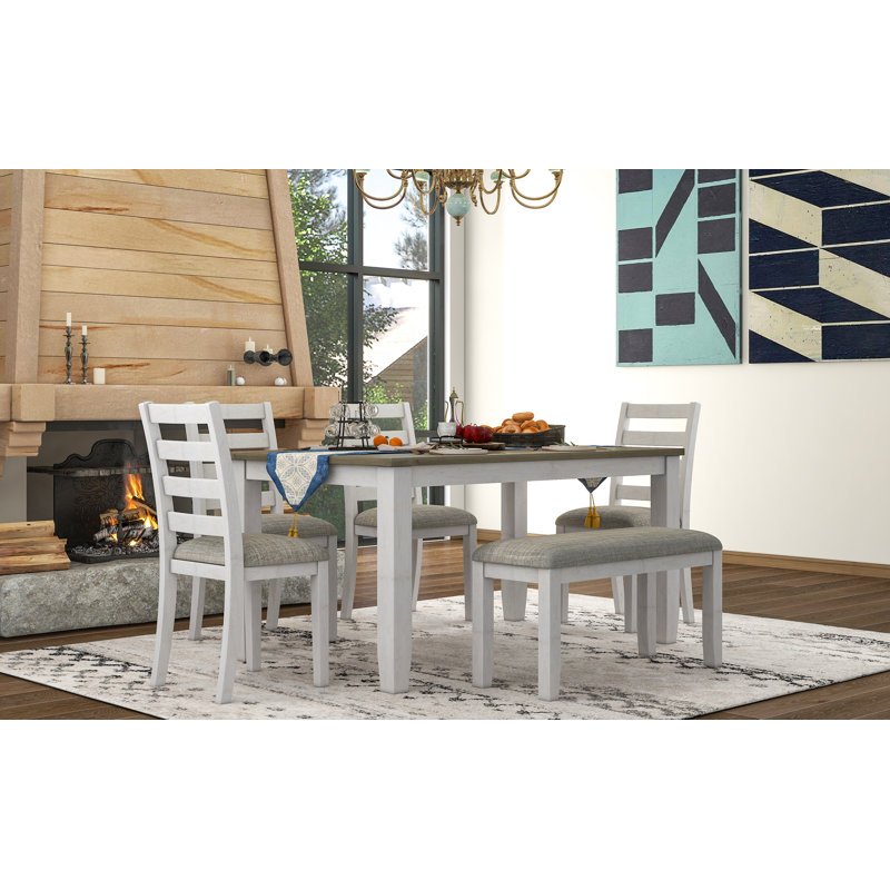 Ensemble de table de salle à manger de style rustique 6 pièces avec 4 chaises rembourrées et un banc